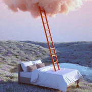Bed in beautiful landscape with a ladder reaching to a pink cloud the sky